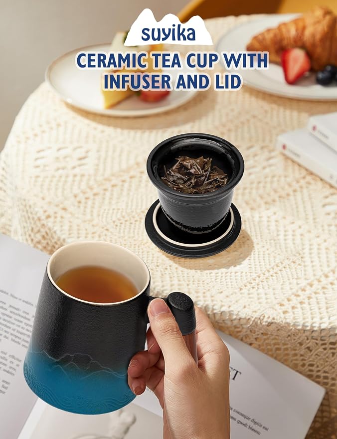 suyika Tea Cup with Infuser and Lid, Gradient Black & Blue, 15.2oz /450ml | Ceramic Mug, Wood Handle, For Loose Leaf Tea