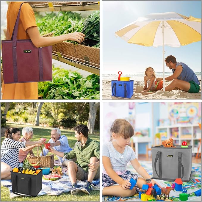 BALEINE 3PK Reusable Grocery Bags, Heavy Duty Shopping Tote Bag | 12'' Long Handles, Reinforced Bottom Keeps Upright, Fold Flat Storage, Water-Resistant Shopping Bag, Multiple Color Options