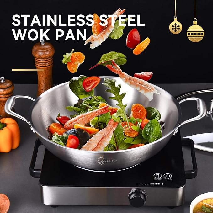 LOLYKITCH 14.5-Inch Stainless Steel Wok | Jumbo Cooker | Dual Handles | Large | Uncoated Tri-Ply Stir Fry Pan | Everyday Cooking Wok for Induction | Flat Bottom | PFOA-FREE | 6-8 Servings ﻿