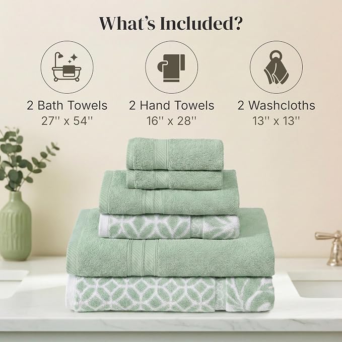 Modern Threads 6 Piece Bath Towel Set – Bathroom Set with 2 Bath Towels, 2 Hand Towels, and 2 Wash Cloths – 100% Cotton, Super Absorbent & Extra Soft – Reversible Botanical Vine (Sage Green)