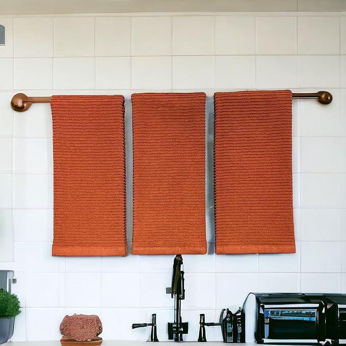 Burnt Orange Rust Kitchen Hand Dish Towels, Set of 3, 100% Cotton, 18x28 | Terry Loop Ribbed Textured, Soft & Absorbent Cleaning Cloth, Quick Dry, Multipurpose for Everyday Use