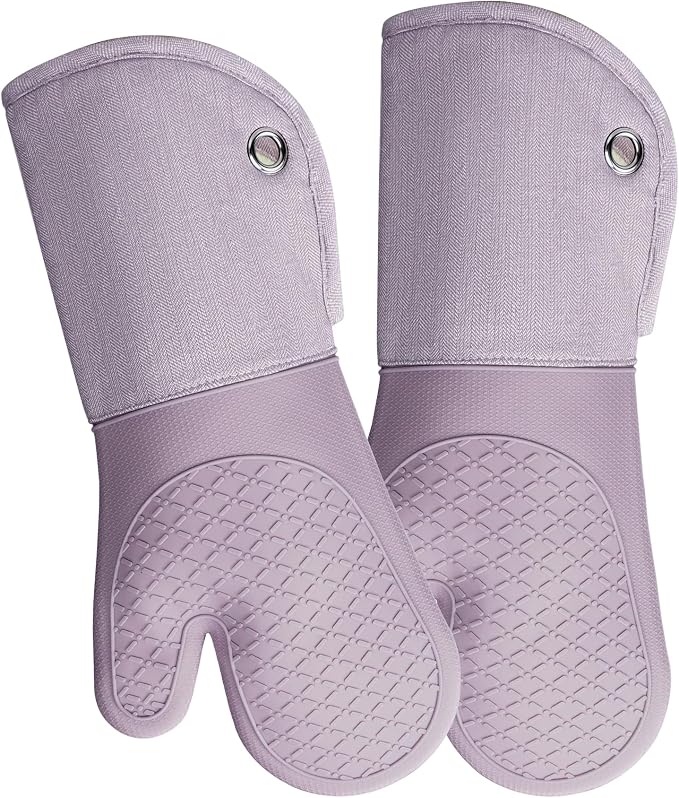 Professional Microwave Silicone Oven Mitts one Pair, Kitchen Mitten Set | Heat Resistant with 500 Degrees Oven Gloves Pot Holder for BBQ Cooking Baking (Purple)