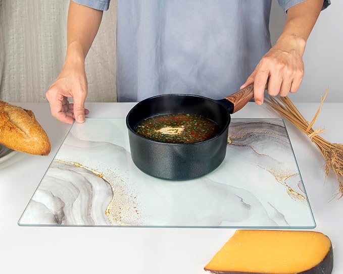 Glass Cutting Board 16"x12": Tempered Glass Kitchen Counter Protector - Durable- Scratch-Resistant, Heat-Proof - Design 7 - White & Gold