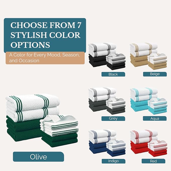 Casa Platino Kitchen Towel Set 8 Pc - 4 Dish Cloths for Washing Dishes (13"x13") & Kitchen Towels (16"x26") - Cotton Rich, Soft, Absorbent Wash Rags, Quick Dry & Durable Tea Towels for Wiping - Olive.