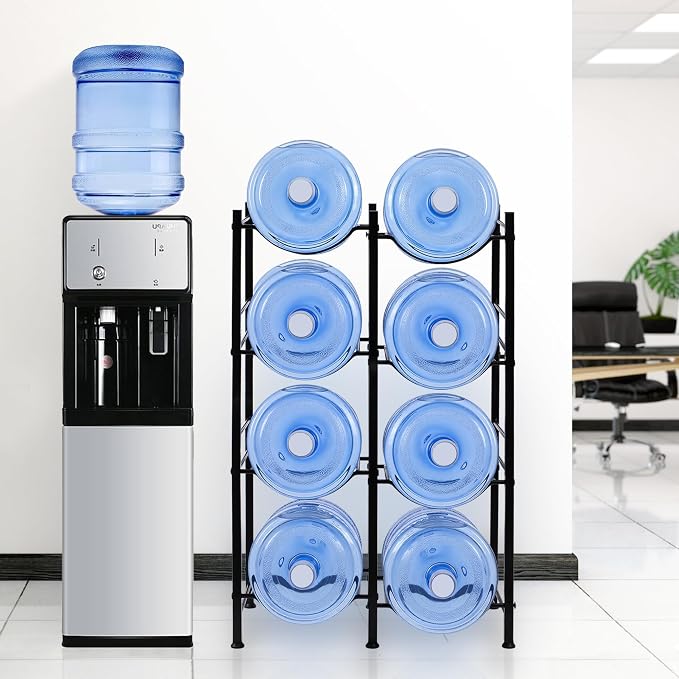 Klvied 5 Gal Heavy Duty Jug Rack, 8 Slot Double Row | Steel frame, built-in lifter, holds 8 bottles, for kitchen office gym garage