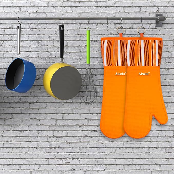 Alselo Silicone Oven Mitts Set, Heat Resistant 550 Degree,7.5"x16" | Extra Long Kitchen Mittens,Waterproof & Non-Silp Oven gloves for Baking Cooking Barbecue Microwave (Extre long Orange, 2)