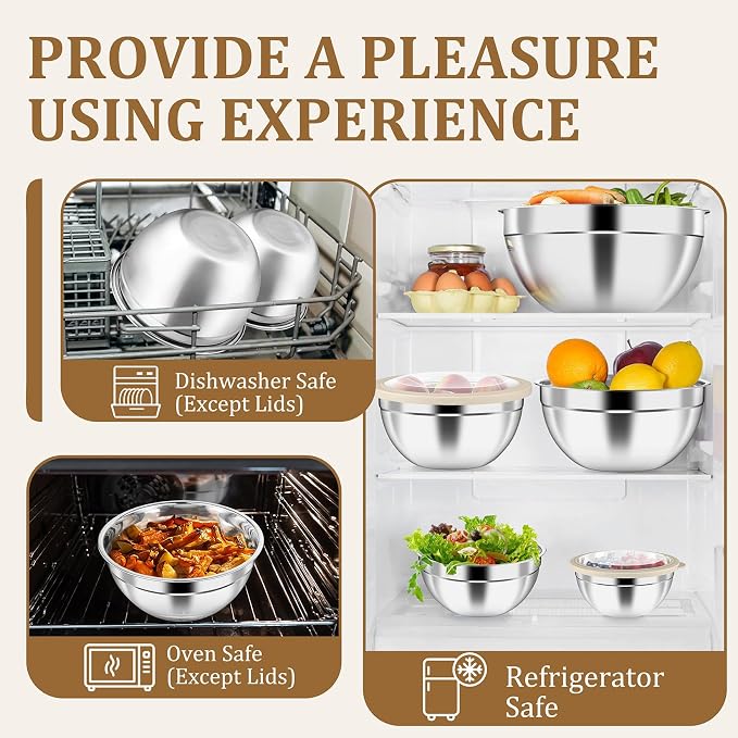 P&P CHEF Metal Mixing Bowls with Lids Set, Visible Airtight Lids & Khaki | 5 PCS Stainless Steel Mixing Nesting Bowls for Kitchen Prepping, Storing, Healthy & Easy Clean, Size 4.6, 3, 1.5, 1, 0.7 QT