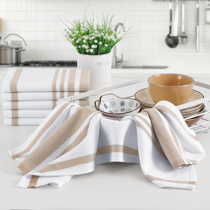 Homaxy Premium Cotton Stripe Kitchen Towels 8 Pack, 18"x 28", Khaki | Large 380 GSM Kitchen Hand Towels, Soft Terry Dish Towels, Highly Absorbent Tea Towel Set with Hanging Loop