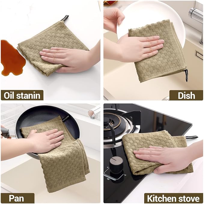 Homaxy 100% Cotton Terry Dish Cloths, 12"x12", 12-Pack, Tan | Ultra Soft Absorbent Dish Towels with Hanging Loop, Pineapple Grid Designed