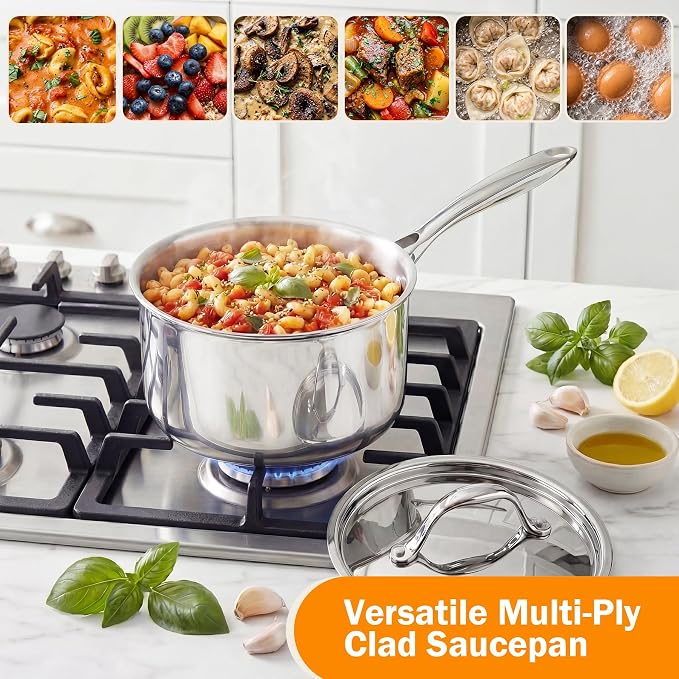 Cooks Standard Multi-Ply Clad 3 Quart Stainless Steel Saucepan with Lid, Kitchen Induction Cooking Sauce Pot Pan, Dishwasher & Oven Safe, Compatible with All Cooktops