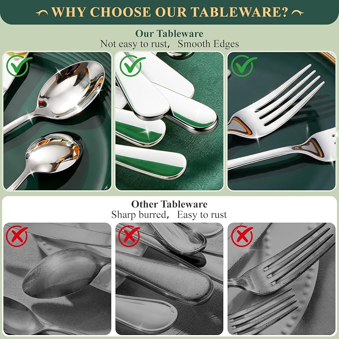 49-Piece Silverware Set with Bamboo Organizer,Flatware Utensil Set for 8 | Heavy-Duty Stainless Steel, Cutlery Set with Steak Knives, Rust-Proof, Dishwasher Safe