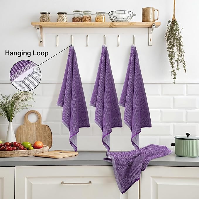 Mordimy Premium Large Cotton Kitchen Towels (18"x 28", 6 Pack), Purple | 100% Ring Spun Cotton, Super Absorbent, 380 GSM, Flat & Terry, Soft, Hanging Loop Dish Towels