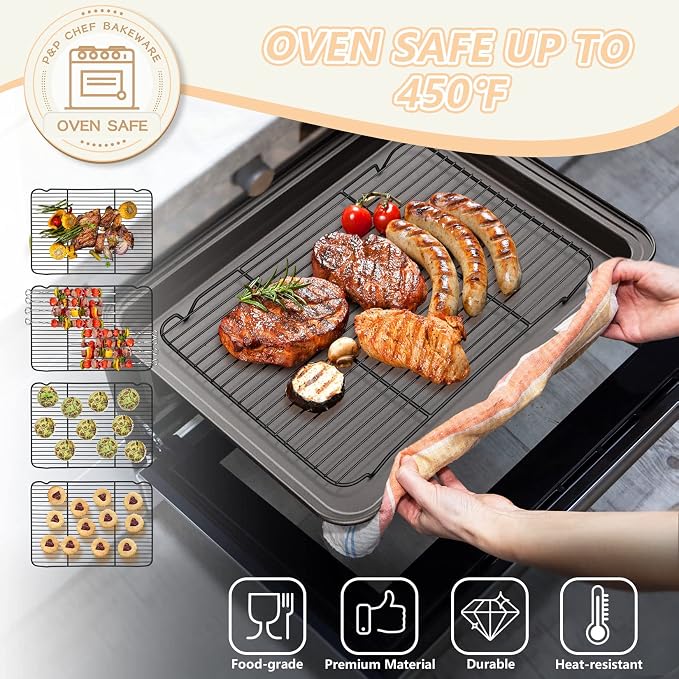 P&P CHEF Cooling Baking Rack Stainless Steel, 16.6" x 11.5", 2 Pcs, Black | Cooling Racks for Cooking Baking Roasting, Dense Wire & Smooth Edge, Easy to Clean, Stainless Steel Core & Nonstick Coastings