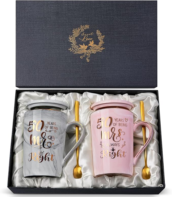 50th Wedding Anniversary for Couples, Gifts for Golden 50th Anniversary | 14Oz Ceramic Marble 50 Year Coffee Mug Set Gift for Parents Grandparents, with Real Gold Foil, Greeting Card, Gift Box