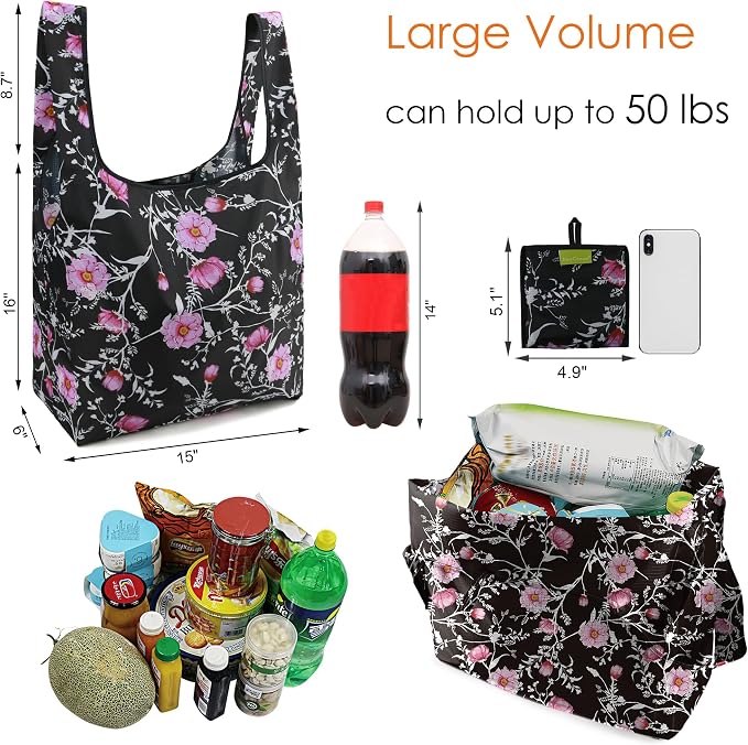 BeeGreen Floral Reusable Grocery Bags Bulk 6 Packs X-Large50LBS, Reusable Shopping Bags Foldable for Groceries, Vegetables, Fruits Bulk Tote Bags Washable For Women Men