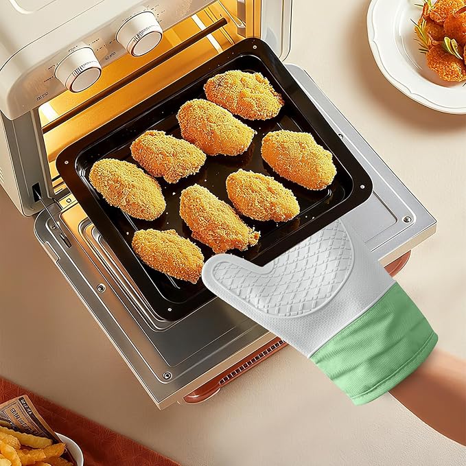 Silicone Oven Mitts，Heat Resistant up to 500°F, Oven Gloves with Soft Lining, Non-Slip Kitchen Essentials, Kitchen Gadgets, Apartment Essentials, Great Gift for Cooking (Grey&green-1pair)