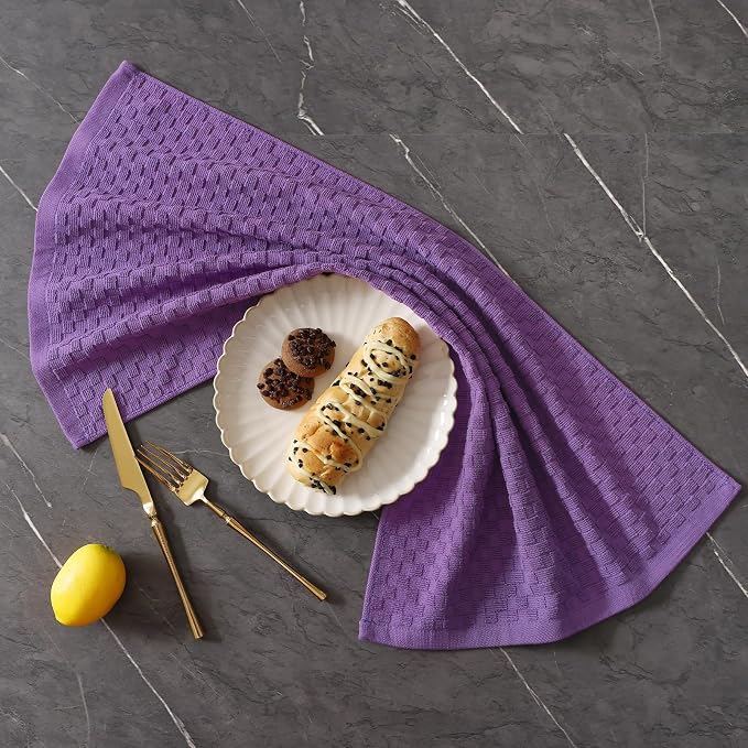 Homaxy 100% Cotton Terry Kitchen Towels(15" x 25", 6 Pack), Purple | Soft and Super Absorbent Dish Towels, 380 GSM Reusable Tea Towel with Hanging Loop, Pineapple Grid Designed