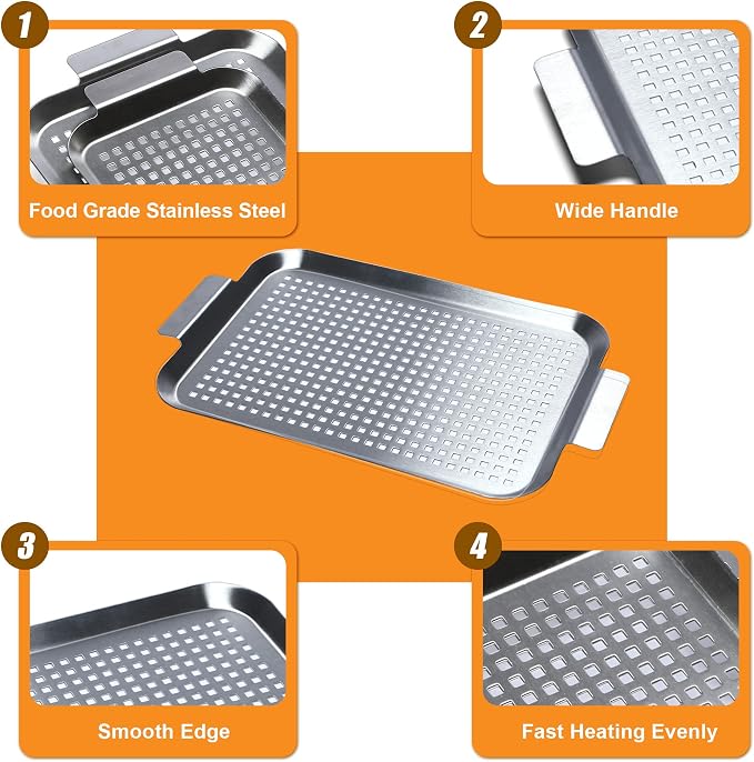 Grill Pan Set of 2, BBQ Grill Topper for Outdoor Grill, Middle | Stainless Steel Grilling Baskets with Holes and Handles, Perforated Food Tray Barbecue Accessories for Vegetable, Fish