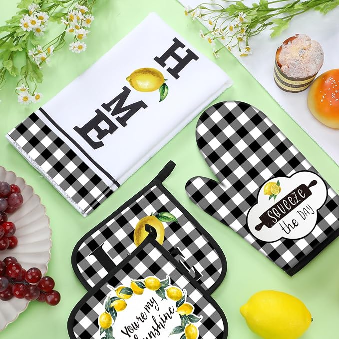 5 Pcs Buffalo Plaid Kitchen Towels Oven Mitts and Pot Holder Set,Lemon | Lemon Checkered Kitchen Decor, Black and White Kitchen Towels Oven Gloves, Lemon Farm House Accessories Decor, High Quality