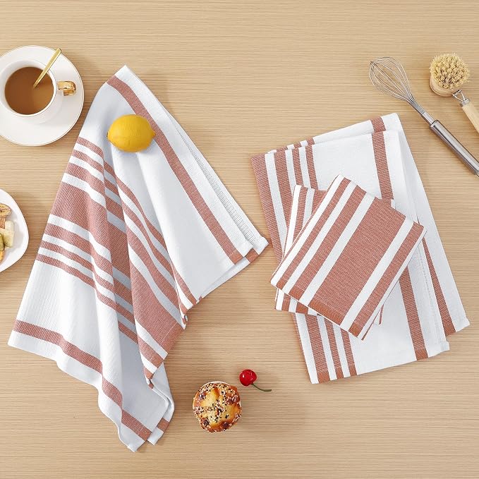 Homaxy Premium Cotton Stripe Kitchen Towels 8 Pack, 18"x 28", Rust | Large 380 GSM Kitchen Hand Towels, Soft Terry Dish Towels, Highly Absorbent Tea Towel Set with Hanging Loop