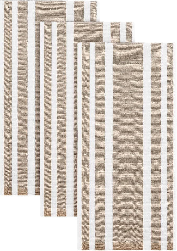 Homaxy Premium Cotton Stripe Kitchen Towels 3 Pack, 18"x 28", Khaki | Large 380 GSM Kitchen Hand Towels, Soft Terry Dish Towels, Highly Absorbent Tea Towel Set with Hanging Loop