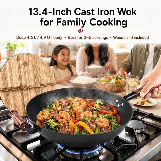 WANGYUANJI Cast Iron Wok Pan with Wooden Lid, 13.4 Inch Flat Bottom Chinese Stir Fry Wok, Textured Uncoated Large Wok for Induction, Gas, Electric & Ceramic Stoves, Seasoning Recommended | Uncoated cast iron wok with wood lid for induction, gas and ele...