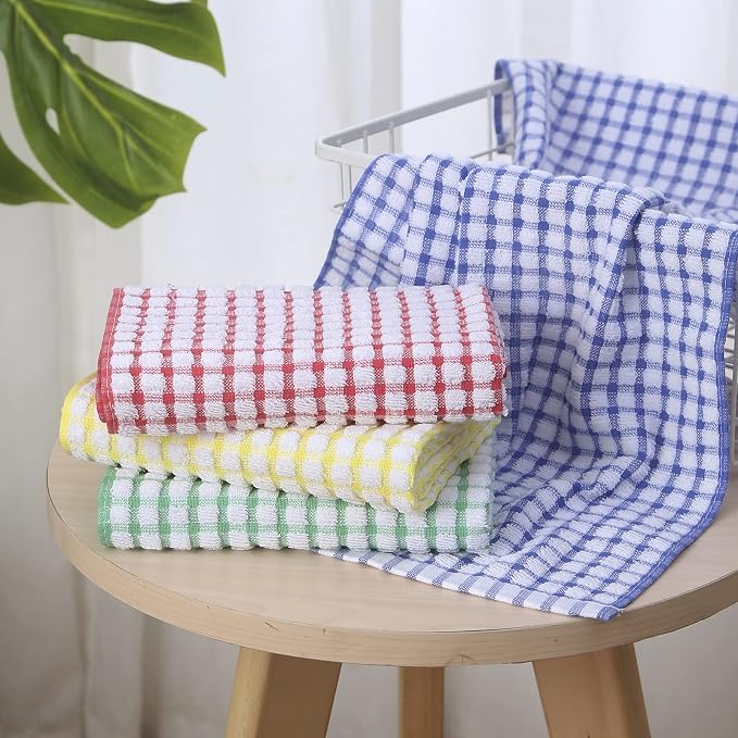 Cotton Kitchen Towels 8 Pack, 15x26 Checkered Dish Towels | Highly absorbent terry cloth towels for drying dishes, wiping spills, and kitchen cleaning. Machine washable and quick dry