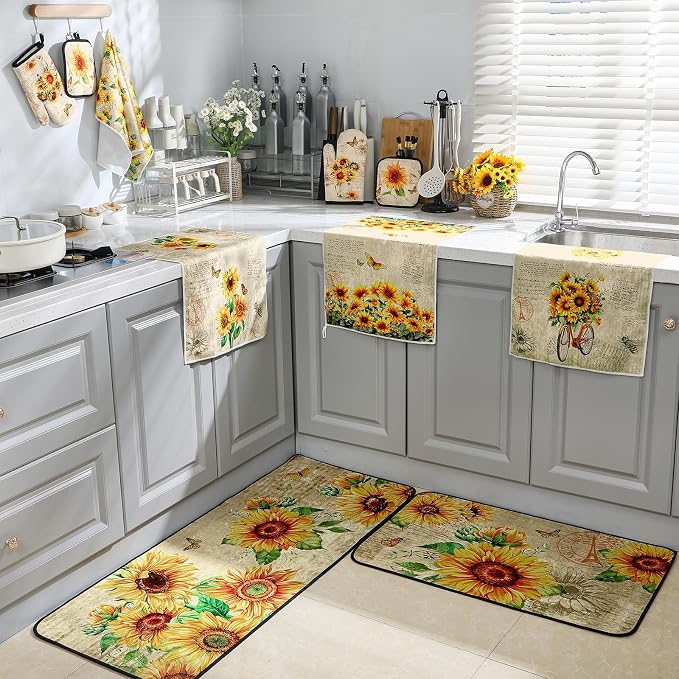 Fourluoo 10 Pcs Sunflower Kitchen Dish Towels Rugs Oven Mitts and Pot Holders Set Farmhouse Kitchen Decor Set for Women Mom Daughter Gift Cooking Baking Grilling (Retro Yellow)