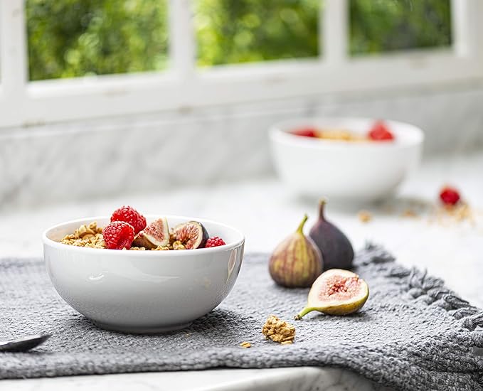 KooK Ceramic Cereal Bowls, Microwave, Dishwasher and Freezer Safe, Porcelain Dishes for Soup, Pasta, Salad, Oatmeal, Deep Interior, 24 oz, Marshmallow White (4)