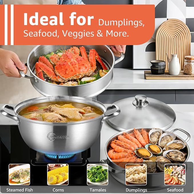 LOLYKITCH 8-Quart/ 30CM Stainless Steel Steamer Pot - 3 Tier Steamer | Steamer for Cooking Dumplings & Veggies, 12 Inch Large Induction Stock Pot for All Stovetops, Heavy Duty
