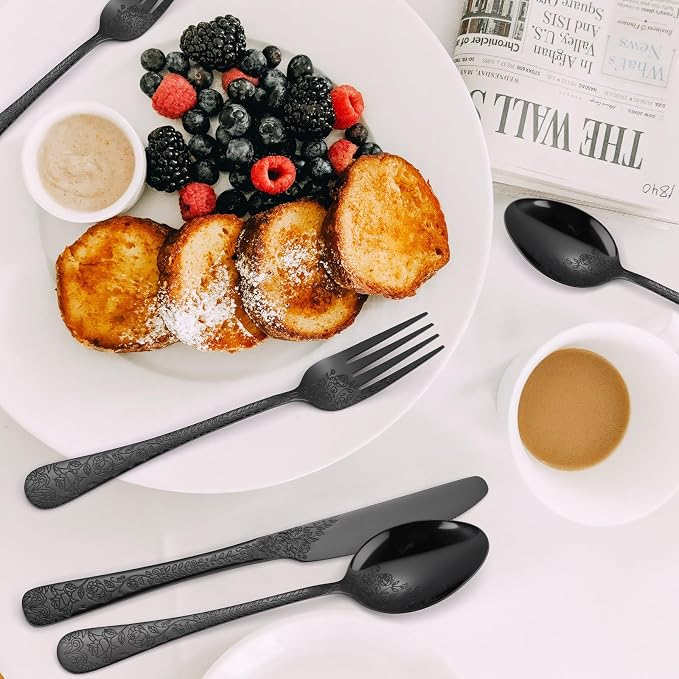 Floral Flatware Set Black for 6 Stainless Steel Silverware 30 Piece Cutlery Unique Eating Utensils Tableware Stylish Fork Spoon Knife With Embossing Rose Flower Handle Festival Parties