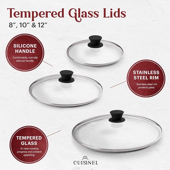 Cuisinel Cast Iron Skillets Set + Glass Lids - 8"+10"+12"-Inch Frying Pans + Silicone Handle Holder Covers - Pre-Seasoned Oven Safe Cookware - Indoor/Outdoor Use - Grill, Stovetop, Camping Fire Safe