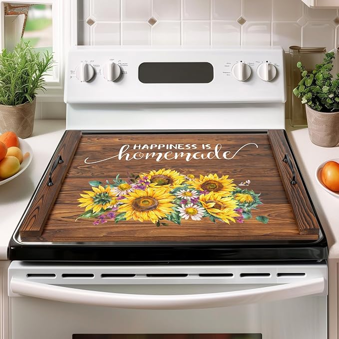 Noodle Board Stovetop Cover with Handles, Sunflower Kitchen Decor Wood Block Covers for Electric & Gas Stove, RV Stove Burner and Sink, Farmhouse Decorative Wooden Tray for Kitchen