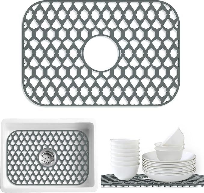 Silicone Kitchen Sink Protectors Mats - 12" 13" 14" 16" 18" 19" 21" 22" 24" 25" 26" 28" 30", Heat Resistant, Machine-wash (19”x13”, Center Drain)