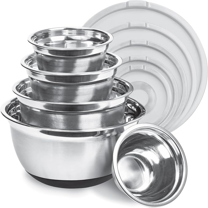 Premium Stainless Steel Mixing Bowls with Lids Non-Slip, Set of 5 Mixing Bowl Set with Silicone Base, Space Saving, Great for Cooking, Baking, Prepping (0.25qt, 1qt, 1.5qt, 3qt, 5qt)