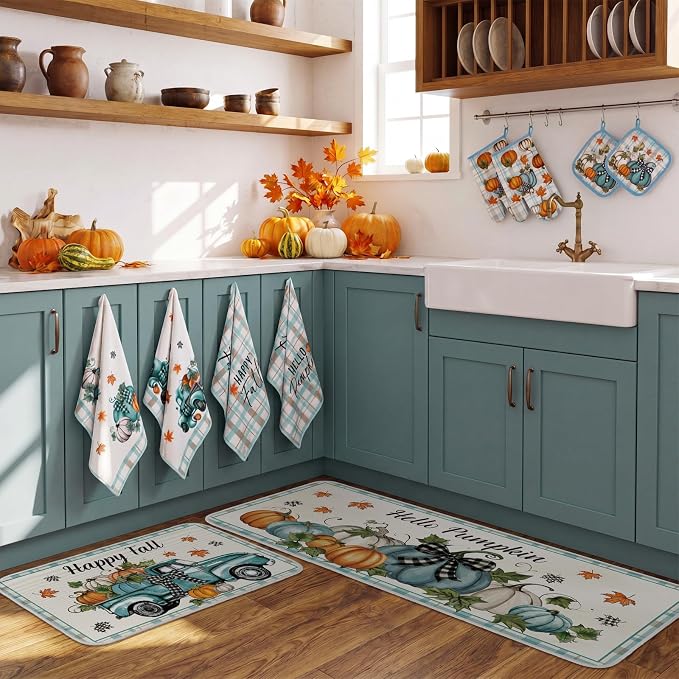 Fanfanwin 10 Pcs Fall Pumpkin Kitchen Decor Set Kitchen Towels Pot Holders Oven Mitts and Rugs Set Thanksgiving Towels for Baking Cooking BBQ Autumn Home(Light Blue,Classic Pumpkins)
