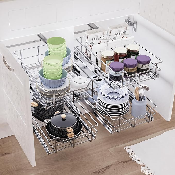 Pull Out Cabinet Organizer 18" W X 22" D, Chromed, Full Slide Out Drawers | For Kitchen Organizers and Storage, Pull Out Drawers For Cabinets Capacity Heavy Duty Caddy, Cabinet Shelves, Bathroom Pantry