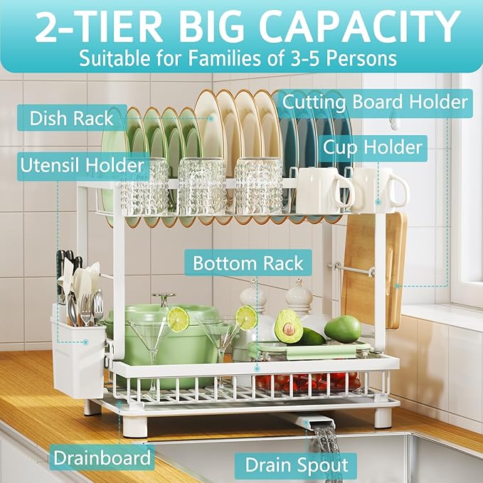 2-Tier Dish Drying Rack for Kitchen Counter, Space-Saving, White | Rustproof Carbon Steel, Auto Drain Spout, Space-Saving Dish Rack with Drainboard, Utensil & Cup Holders, Countertop Organizer