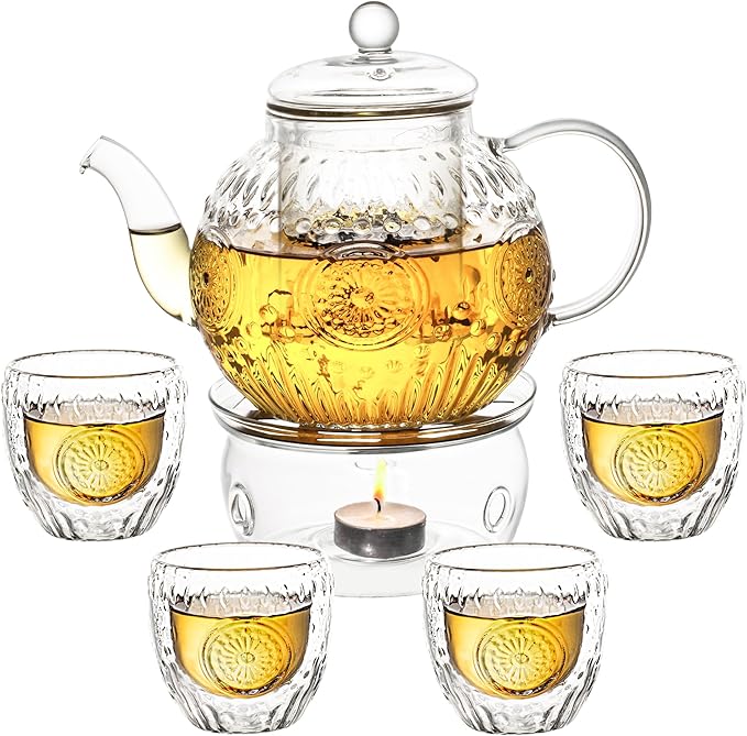 Bandesun Vintage Glass Teapot Set with 4 Cup, 32oz Borosilicate Tea Pot with Removable Infusers for Blooming and Loose Leaf Tea, Tea Warmer with Candlelight, Stovetop Safe, Gift for Women and Adults