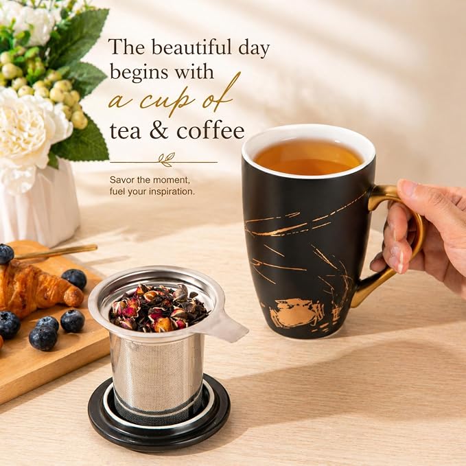 AmorArc Tea Cup With Infuser and Lid, 18oz Loose Leaf Tea Mug With Steeper | Porcelain Tea Mug With Infuser and Lid, Large Strainer Tea Cup with Lid for Tea, Coffee Mug for House-warming Birthday Gift