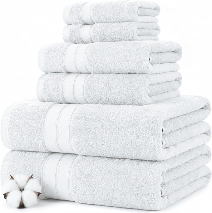 Modern Threads - Spun Loft 6-Piece 100% Combed Cotton Towel Set - Bath Towels, Hand Towels, & Washcloths - Super Absorbent & Quick Dry - 600 GSM - Soft & Plush, White