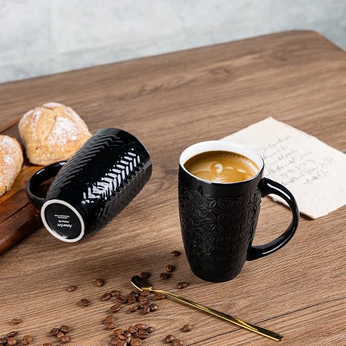 AmorArc 20 oz Large Coffee Mugs Set of 6, Black Ceramic Tall Coffee Cups | 3 Assorted Designs, Embossed Ceramic Coffee Mugs with Large Handle for Coffee/Tea/Cappuccino, Dishwasher&Microwave Safe