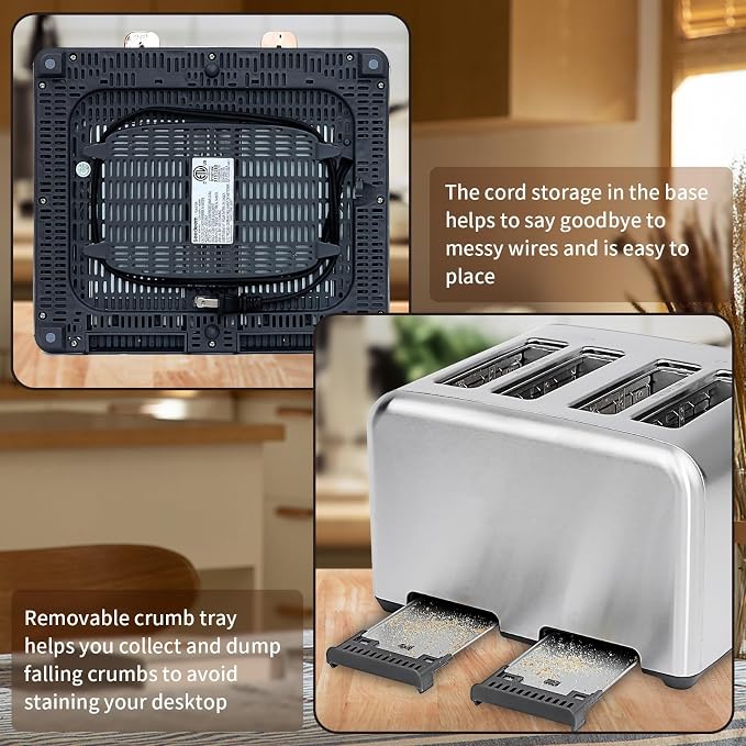 SEEDEEM 4 Slice Stainless Steel Toaster, 1.5" Wide Slots, Silver Metallic | Toaster 4 Slice, 6 Bread Type, 7 Shade Settings, 1.5'' Wide Slots, Cancel/Defrost/Reheat, Removable Crumb Tray, 1800W