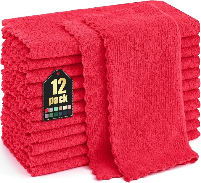 Homaxy 12 Pack Super Soft Absorbent Dish Cloths, 10" x 10", Red | Coral Velvet, Nonstick Oil Fast Drying Microfiber Cleaning Cloth, No Lint Household Dishcloths
