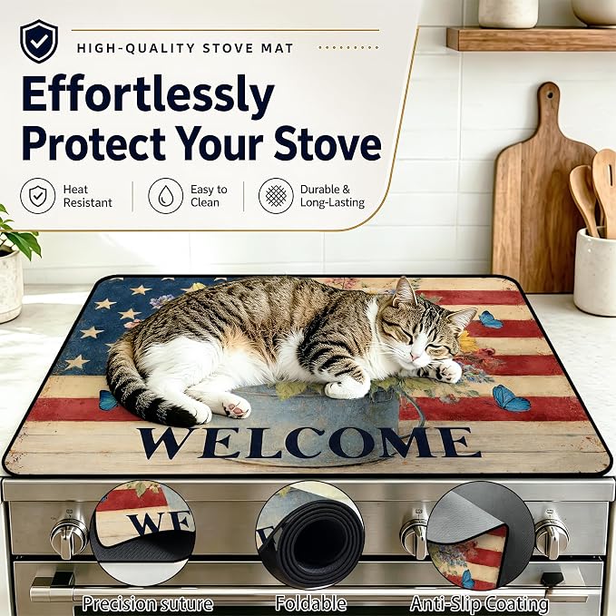 Patriotic Electric Stove Top Cover, Heat Resistant Glass Cooktop Protector for Kitchen Ceramic Countertops, Multiuse Stove Cover and Dish Drying Mat