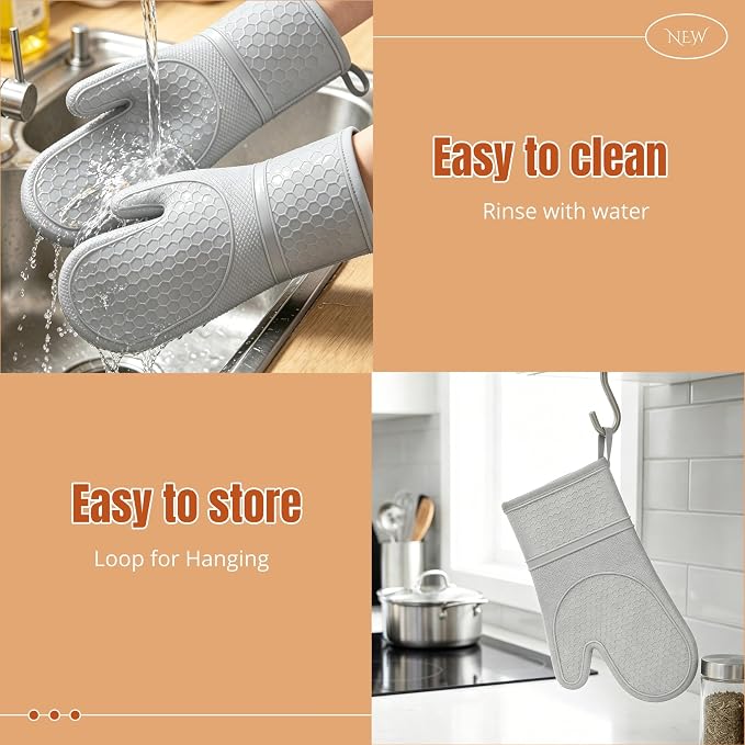 2-Pack Silicone Oven Mitts, 500°F Non-Slip Washable Heat Resistant Gloves, Grey