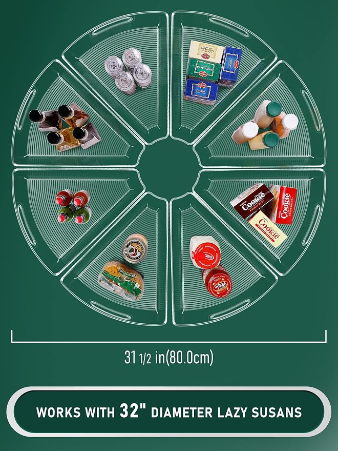 Lazy Susan Cabinet Organizer Bins for 26"/ 28"/ 32" Diameter | Corner Organizer, Plastic Cabinet Storage Bin, 1/8 Wedge - Food Safe, BPA Free, with Non-Slip Pads (for 32" Diameter, 8 Pack)