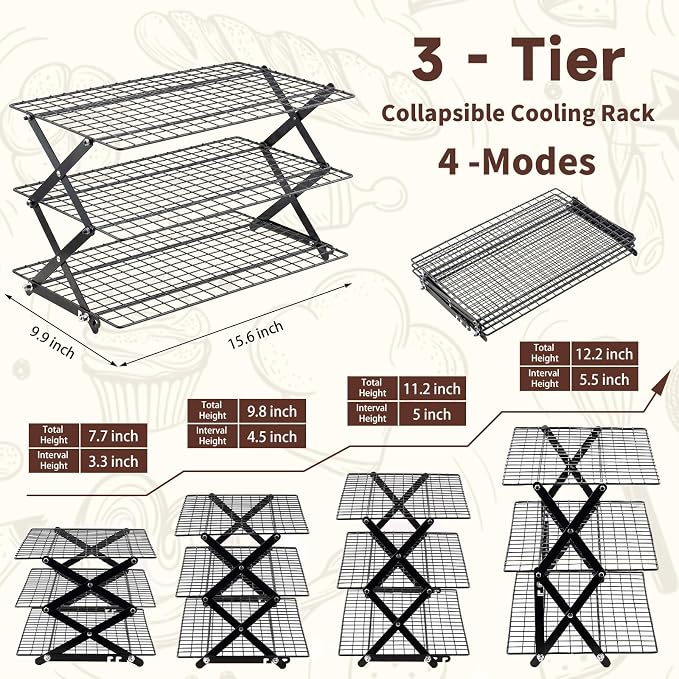 Pleafind 3 Tier Collapsible Cooling Rack - 3 Setting Design, Adjustable ＆ Stackable Baking Rack, 5 Modes Cooling Racks for Cooking and Baking, Roasting ＆ Grilling Gifts for Picnic Party
