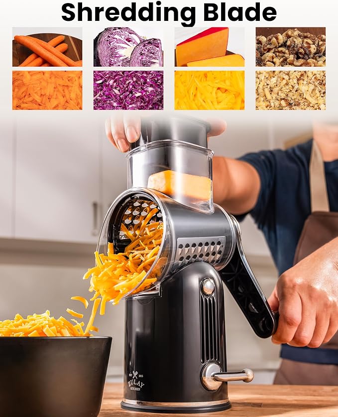 Zulay Kitchen Rotary Cheese Grater 5 Blade Cheese Shredder - Manual Hand Crank Cheese Grater With Reinforced Suction & 5 Interchangeable Drums - Easy to Use, Vegetable Chopper Round Mandoline Slicer