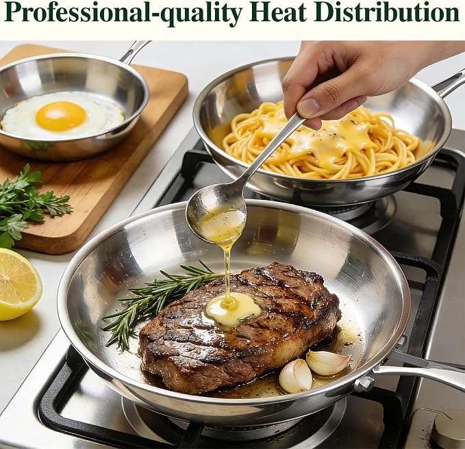 Umite Chef 10 Inch Stainless Steel Frying Pan, Non-Toxic 5 Ply Stainless Clad, Professional Skillet Cookware, Dishwasher Safe Kitchen Pan, Compatible with Induction, Oven Safe Saucepan,PFOA&PTFE Free